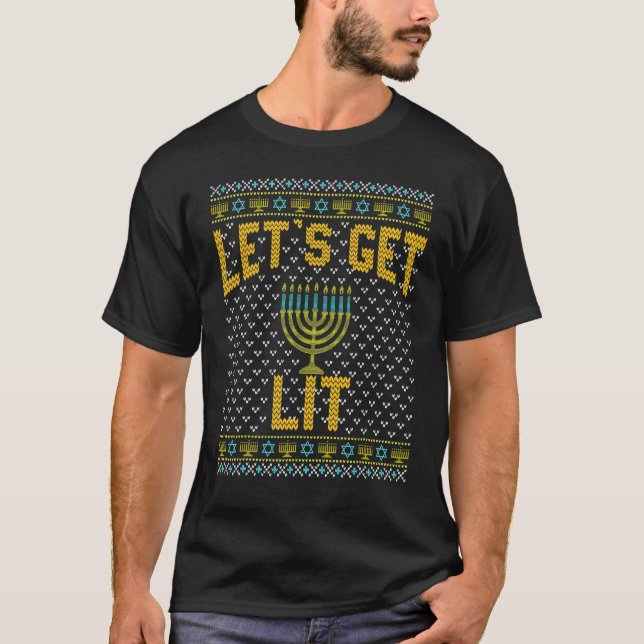 Ugly Hanukkah Let's Get Lit Drinking T-Shirt (Front)