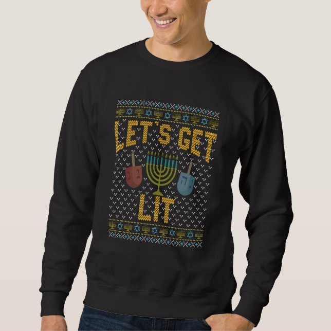 Ugly Hanukkah Sweater Let's Get Lit Drinking (Front)