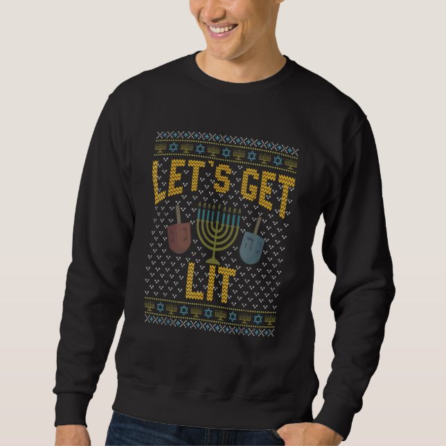 Ugly Hanukkah Sweater Let's Get Lit Drinking Tee (Front)