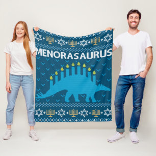Ugly Hanukkah Sweater, Menorasaurus, Jewish Dinosa Fleece Blanket