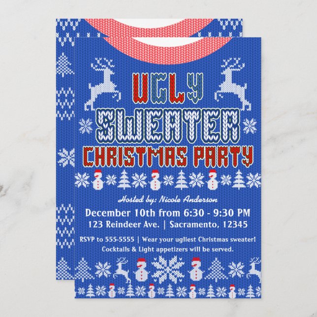 Ugly Knit Sweater Christmas Party Blue White Red Invitation (Front/Back)