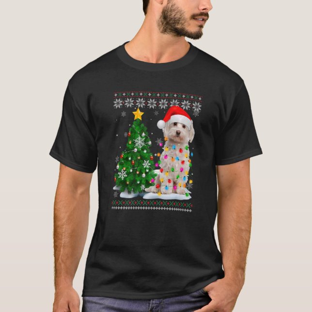 Ugly Maltese Dog Santa Hat Christmas Tree Light  T-Shirt (Front)