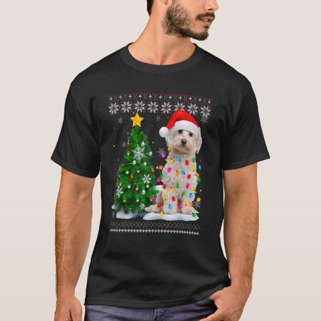 Ugly Maltese Dog Santa Hat Christmas Tree Light T-Shirt (Front)