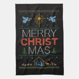 Ugly Merry CHRISTmas Sweater Christian Colourful Tea Towel