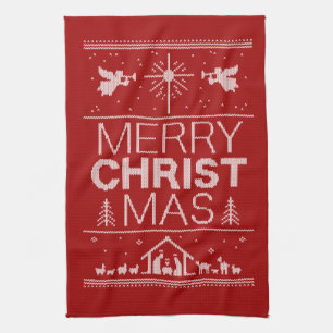 Ugly Merry CHRISTmas Sweater Christian Red White Tea Towel