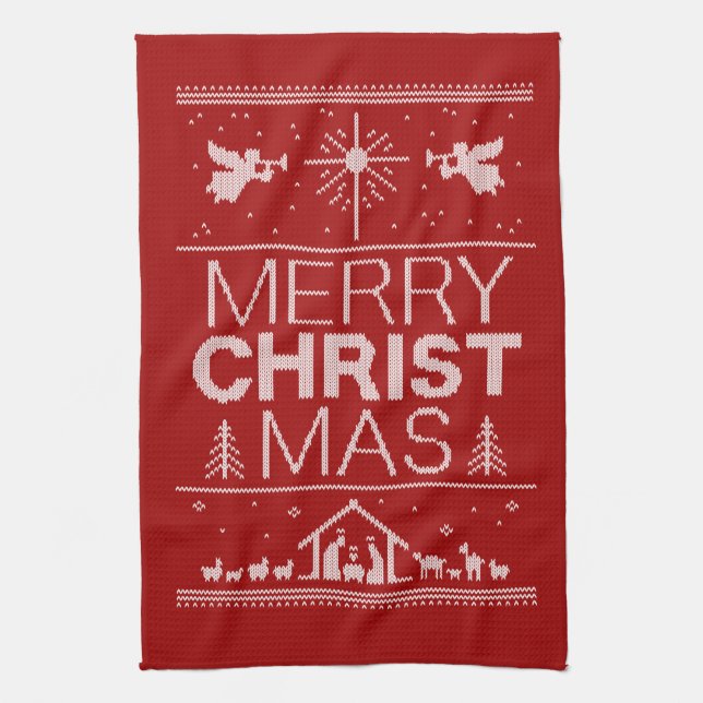 Ugly Merry CHRISTmas Sweater Christian Red White Tea Towel (Vertical)