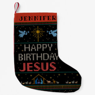Ugly Merry Christmas Sweater Happy Birthday Jesus Small Christmas Stocking