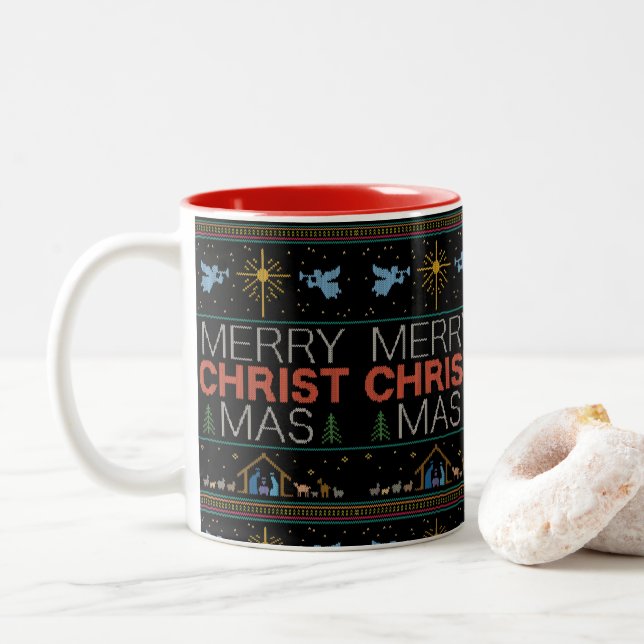 Ugly Merry CHRISTmas Sweater Knit Religion Two-Tone Coffee Mug (With Donut)