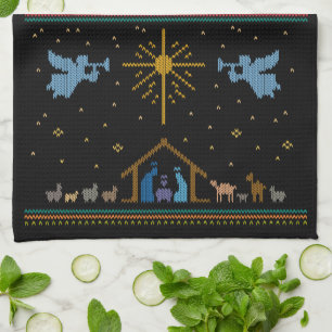 Ugly Merry Christmas Sweater Nativity Christian Tea Towel