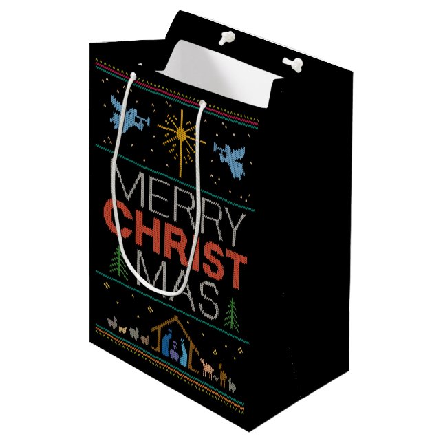 Ugly Merry Christmas Sweater Religious Christian Medium Gift Bag (Front Angled)