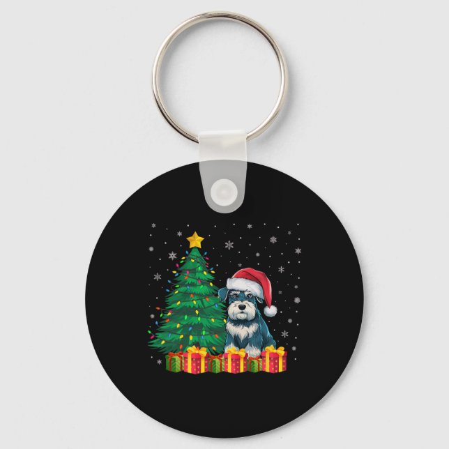 Ugly Miniature Schnauzer Santa Hat Christmas Light Key Ring (Front)