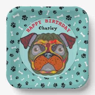 Ugly Pug dog face birthday Paper Plates