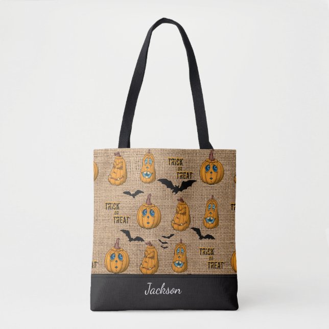 Ugly Scary Pumpkin Faces and Black Bats Textured Tote Bag (Front)