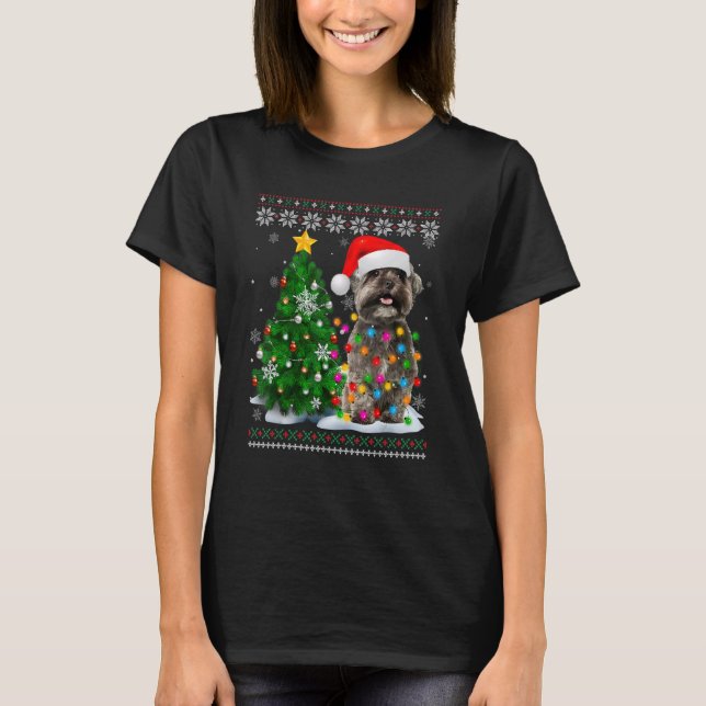 Ugly Shih Tzu Dog Santa Hat Christmas Tree Light T-Shirt (Front)