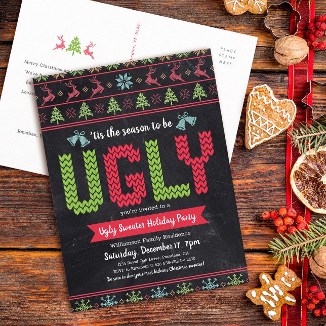 Ugly Sweater Chalkboard Christmas Holiday Party Invitation Postcard (Creator Uploaded)