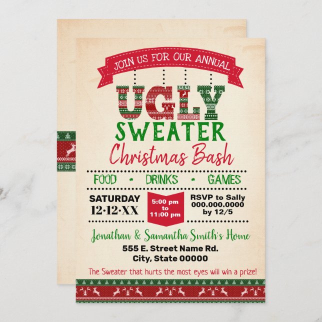 Ugly sweater Christmas bash annual party Invitation (Front/Back)