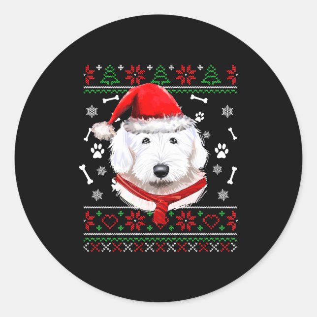 Ugly Sweater Christmas Bobtail Dog Santa Hat Pajam Classic Round Sticker (Front)
