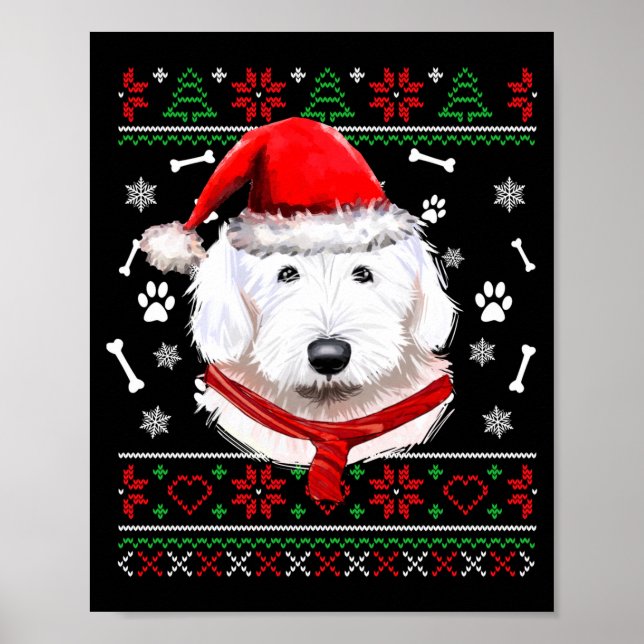 Ugly Sweater Christmas Bobtail Dog Santa Hat Pajam Poster (Front)