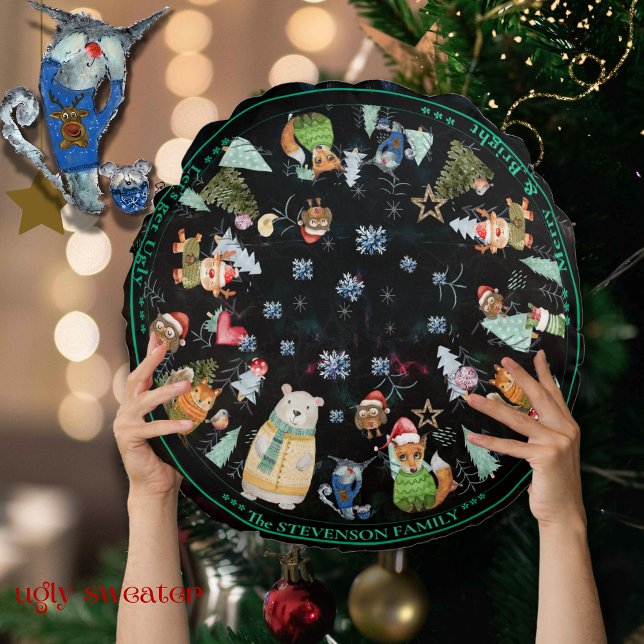 Ugly Sweater Christmas cute Animals  Round Cushion (Ugly Sweater Christmas cute Animals Round Pillow (Front))
