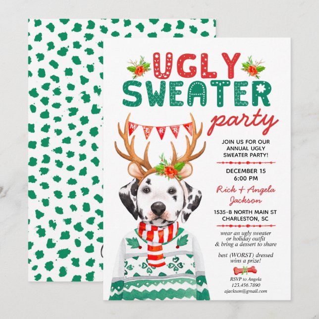 Ugly Sweater Christmas Dalmatian Dog Holiday Party Invitation (Front/Back)