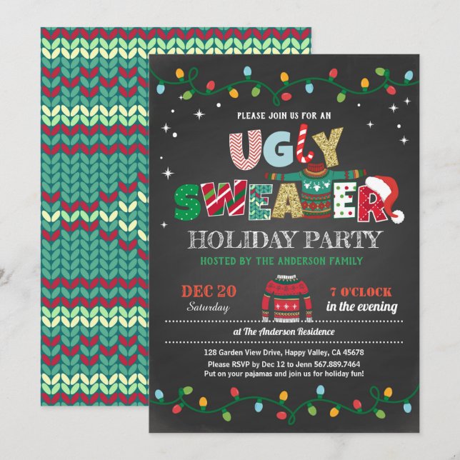 Ugly sweater Christmas holiday party chalkboard Invitation (Front/Back)