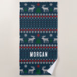 Ugly Sweater Christmas Knitted Pattern Custom Beach Towel<br><div class="desc">This enchanting knit-style towel captures the cosy essence of the holiday season, transforming any space into a warm and inviting Christmas wonderland. With its intricate patterns reminiscent of traditional Nordic designs, the beach towel features charming motifs of snowflakes, reindeer, and evergreen trees designed together in a festive array. The textured...</div>