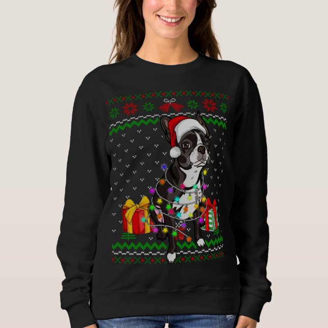 Ugly Sweater Christmas Lights Boston Terrier Dog L (Front)