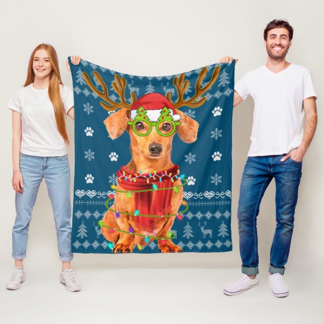 Ugly Sweater Christmas Lights Dachshund Dog Puppy Fleece Blanket (In Situ)