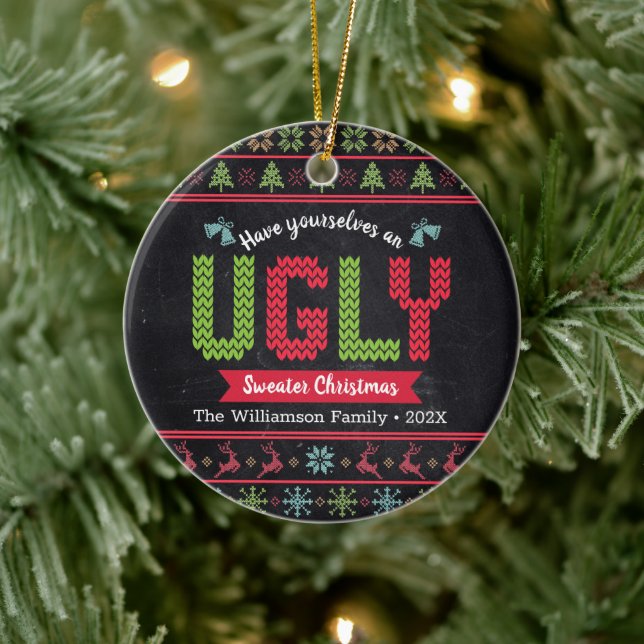 Ugly Sweater Christmas Nordic Knit Fun Chalkboard Ceramic Ornament (Tree)