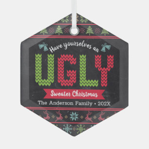 Ugly Sweater Christmas Nordic Knit Fun Chalkboard  Glass Tree Decoration