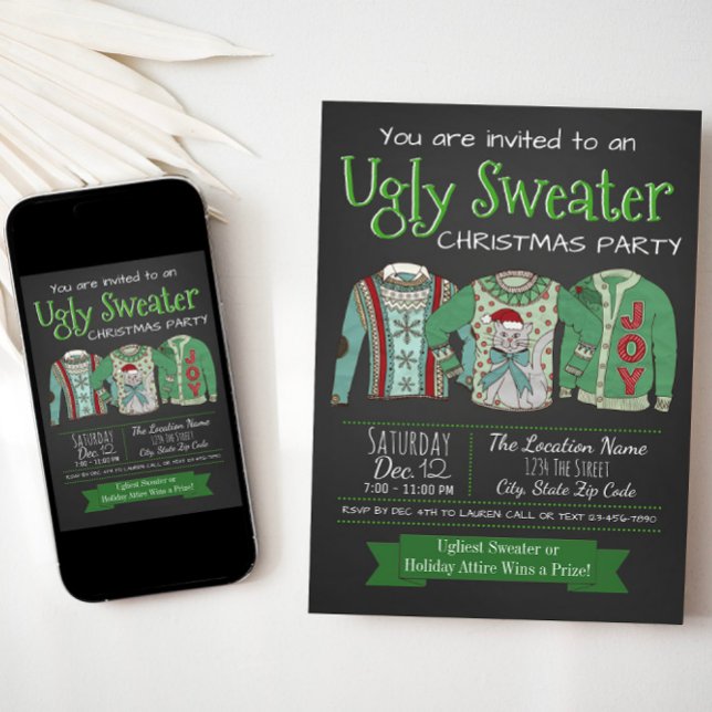 Ugly Sweater Christmas Party Chalk Invitation (Ugly sweater invitation with cute ugly sweaters. Available for instant download and print.)