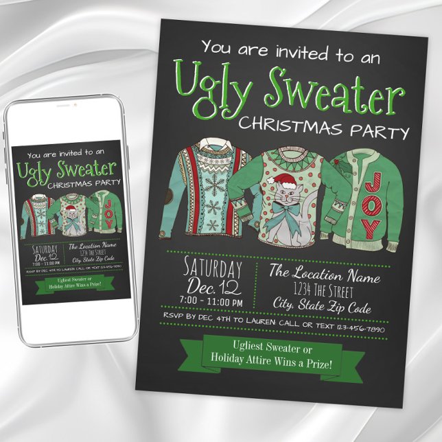 Ugly Sweater Christmas Party Chalk Invitation (Ugly sweater Christmas party invitation. Instant download and printed invitations available.)