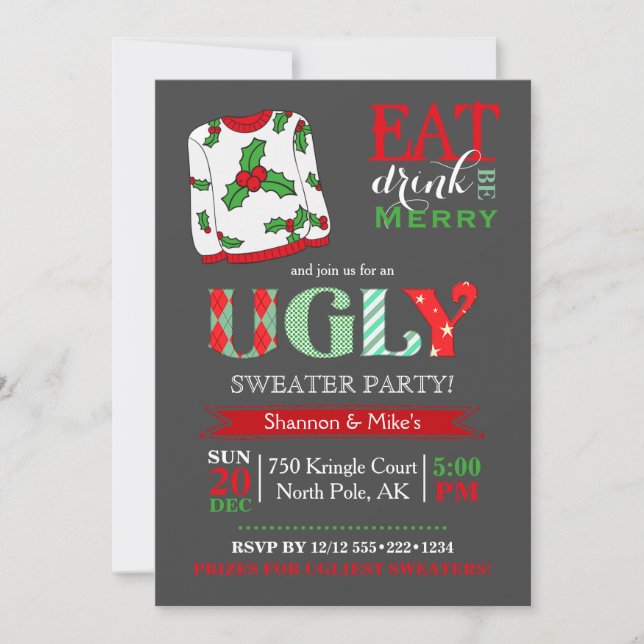 Ugly Sweater Christmas Party Chalkboard Invitation (Front)