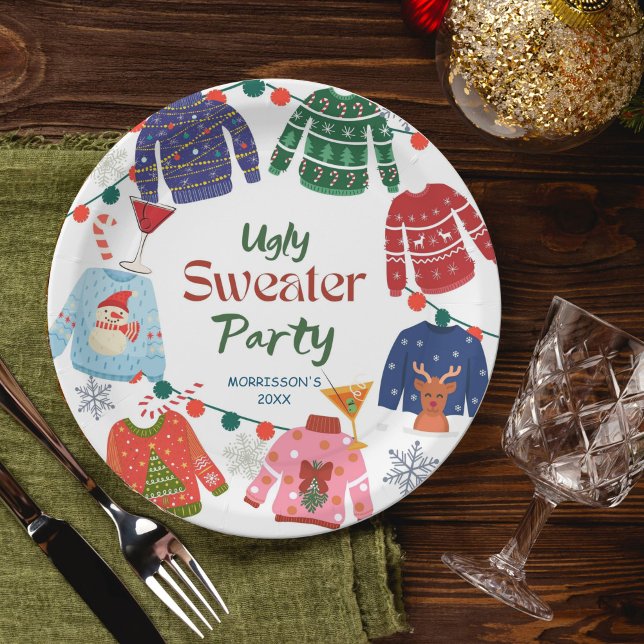 Ugly sweater Christmas party funny Paper Plate (Ugly sweater Christmas party printed Paper Plates personalized Christmas table decor)