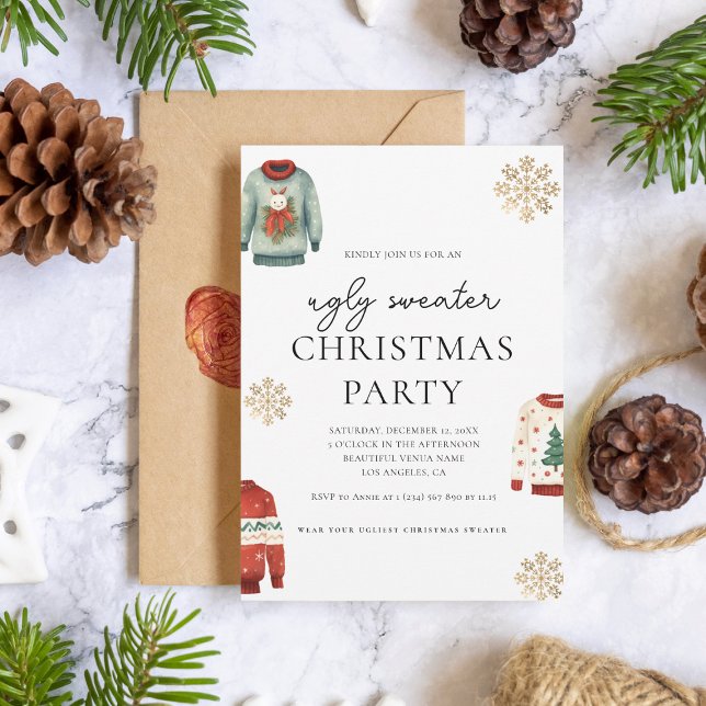 Ugly Sweater Christmas Party Gold Snowflake Invitation (Creator Uploaded)