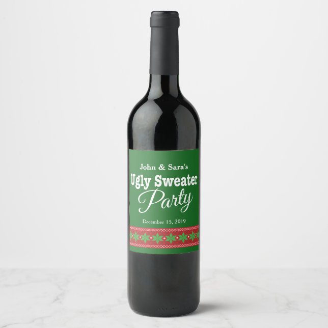 Ugly Sweater Christmas Party, Personalised Wine Label (Front)
