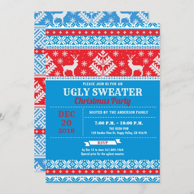 Ugly sweater Christmas party reindeer Xmas tree Invitation (Front/Back)