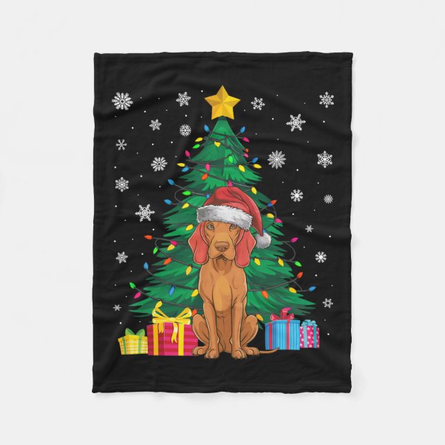Ugly Sweater Christmas Tree Lights Vizsla Dog Sant Fleece Blanket (Front)