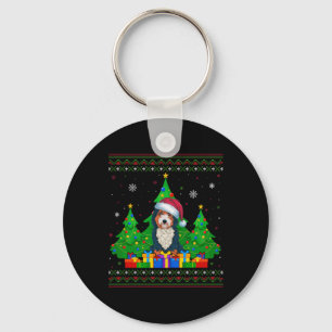 Ugly Sweater Christmas Tree Santa Hat Bernedoodle Key Ring