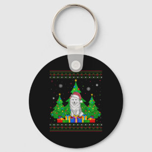 Ugly Sweater Christmas Tree Santa Hat Samoyed Dog Key Ring