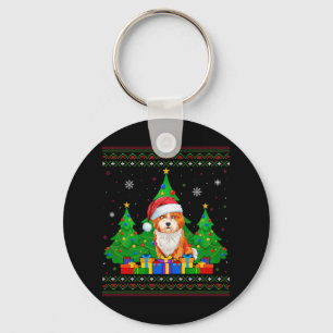Ugly Sweater Christmas Tree Santa Hat Shichon Dog Key Ring