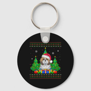 Ugly Sweater Christmas Tree Santa Hat Shih Tzu Dog Key Ring