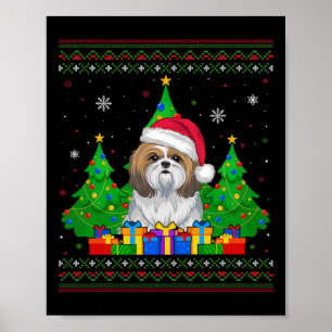 Ugly Sweater Christmas Tree Santa Hat Shih Tzu Dog Poster
