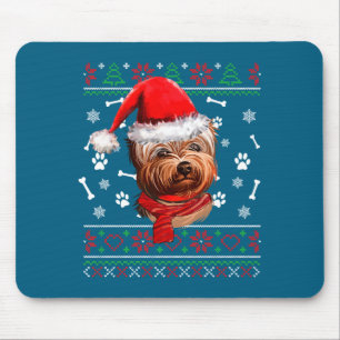 Ugly Sweater Christmas Yorkie Dog Santa Hat Pajama Mouse Pad