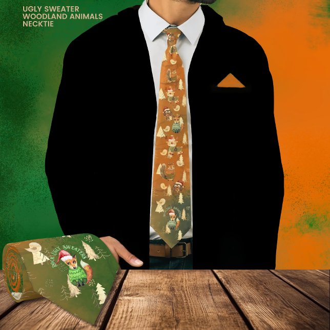 Ugly Sweater Cool Animals Orange Green Tie (Ugly Sweater Cool Animals Orange Green Neck Tie)
