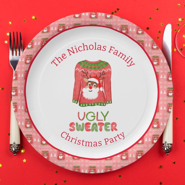 Ugly Sweater Funny Reindeer Christmas Party Paper Plate (Creator Uploaded)