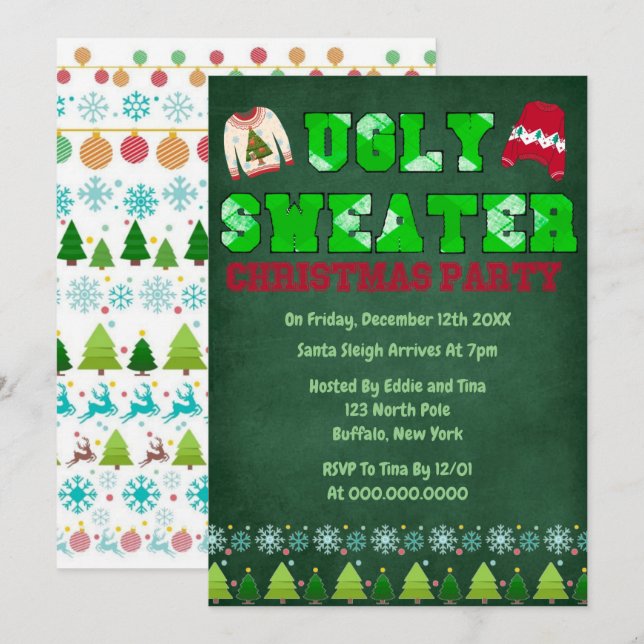 Ugly Sweater Green Chalkboard Christmas Party Invitation (Front/Back)