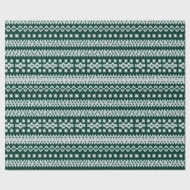 Ugly Sweater Green & White Faux Knitted Snowflakes Wrapping Paper (Seam)