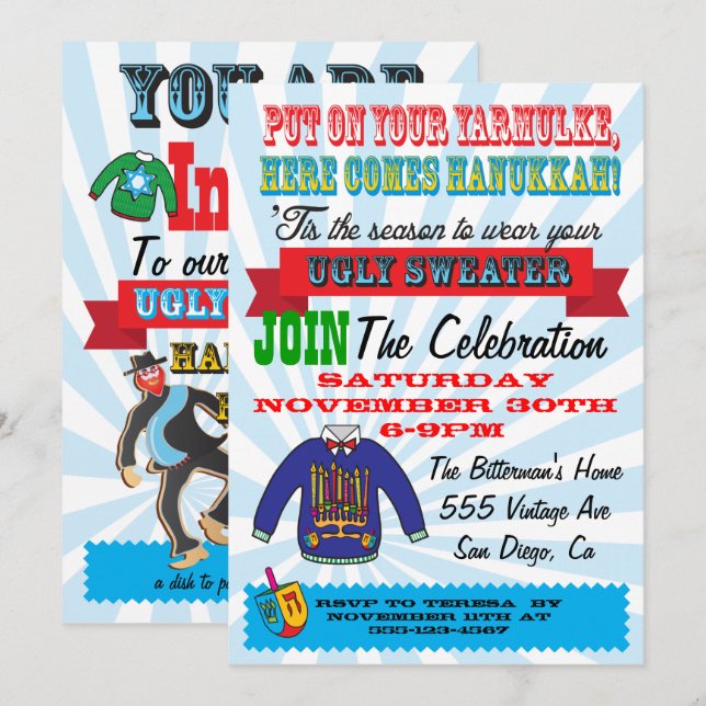 Ugly sweater Hanukkah Party Invitations (Front/Back)