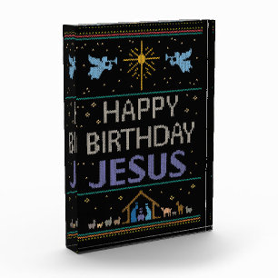 Ugly Sweater Happy Birthday Jesus Religious Purple Photo Block